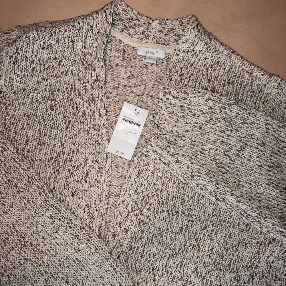 New J Jill Pure Jill Cotton Blend Textured Knit Open Front Cardigan Sweater L